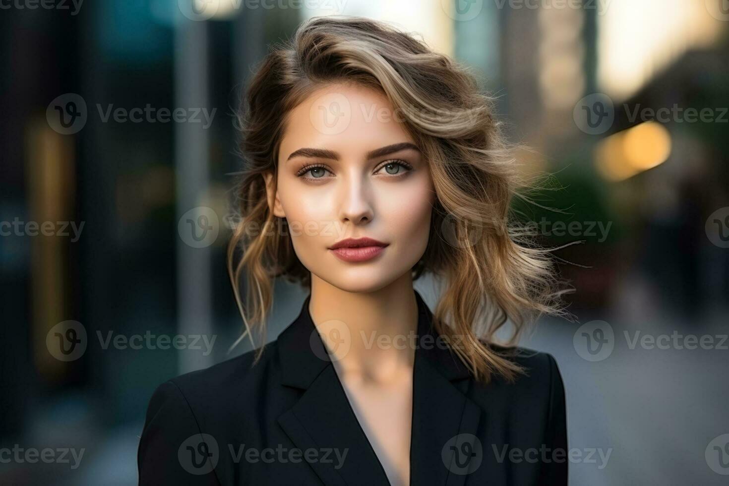 Businesswoman in a sharp suit in a cityscape  photo with empty space for text