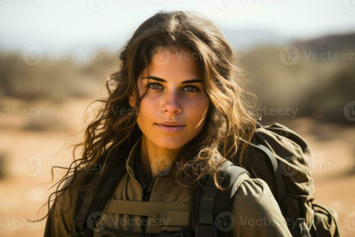 Female Israeli soldier in a desert training  photo with empty space for text