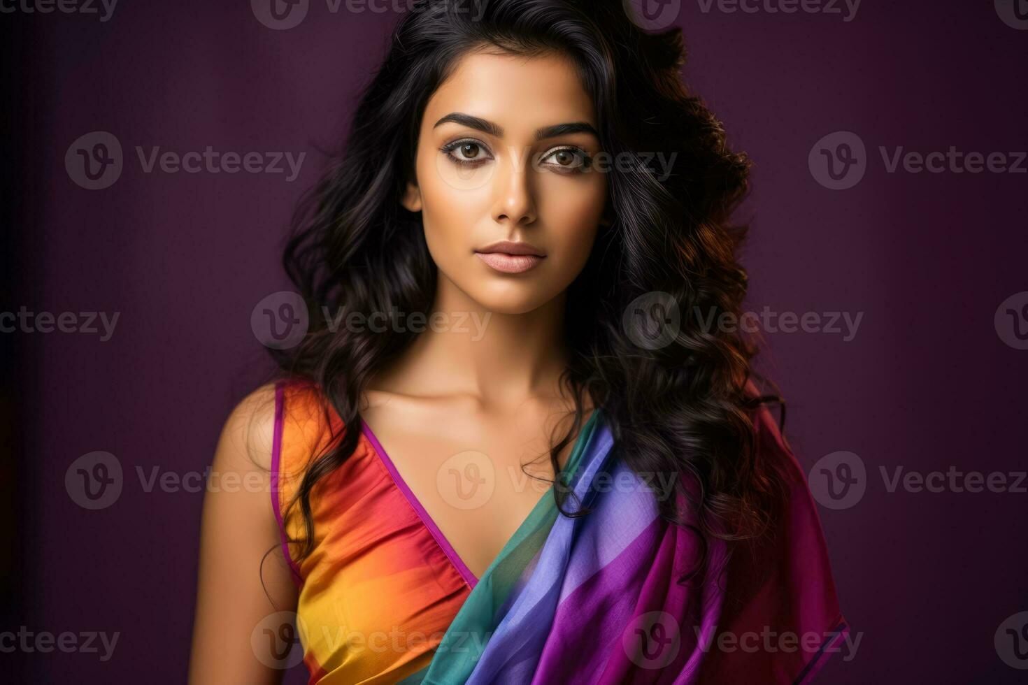 Young Indian woman in a colorful saree  photo with empty space for text