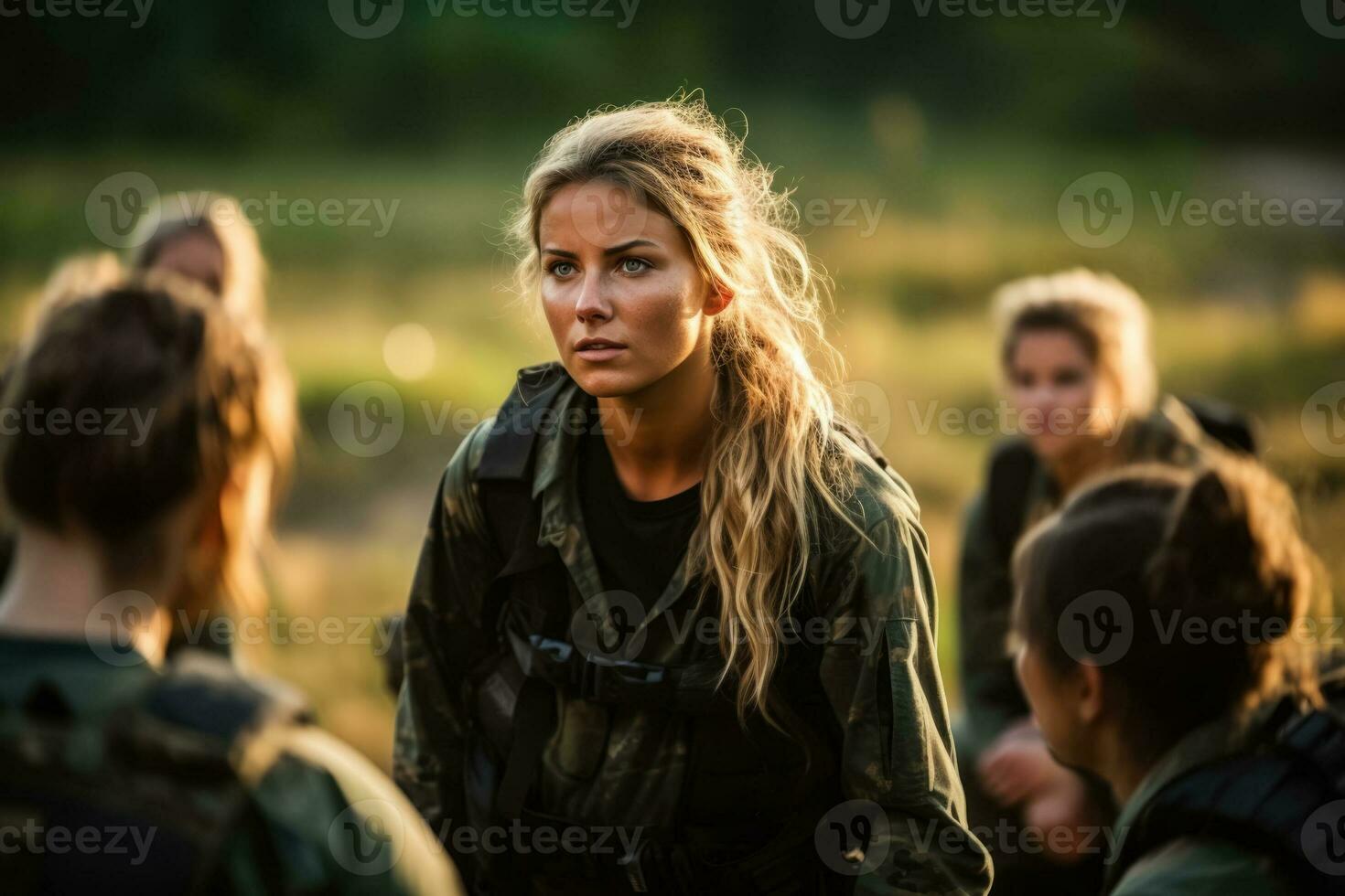 Female soldier training with a group in a field  photo with empty space for text