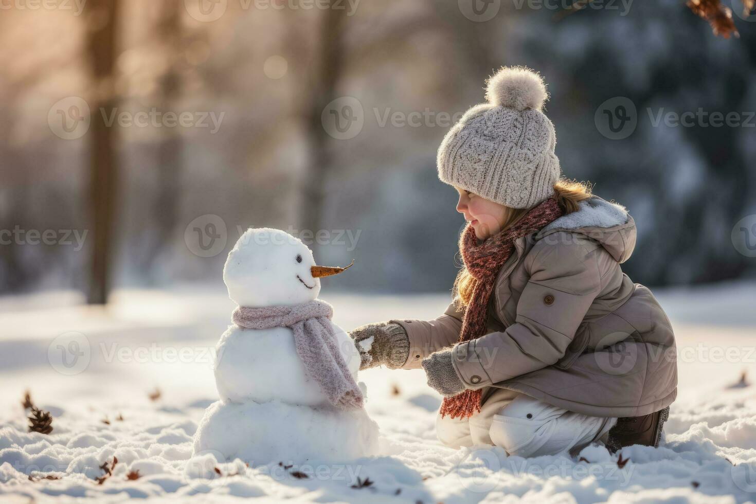 Kids making a snowman in winter  photo with empty space for text