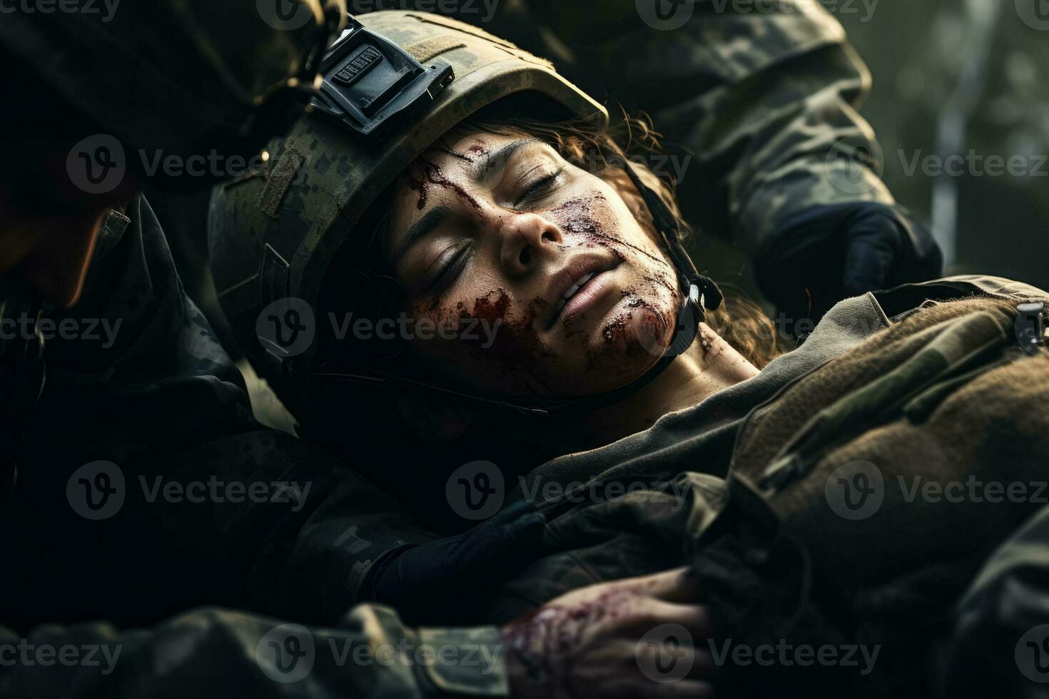 Military medic treating a wounded soldier  photo with empty space for text