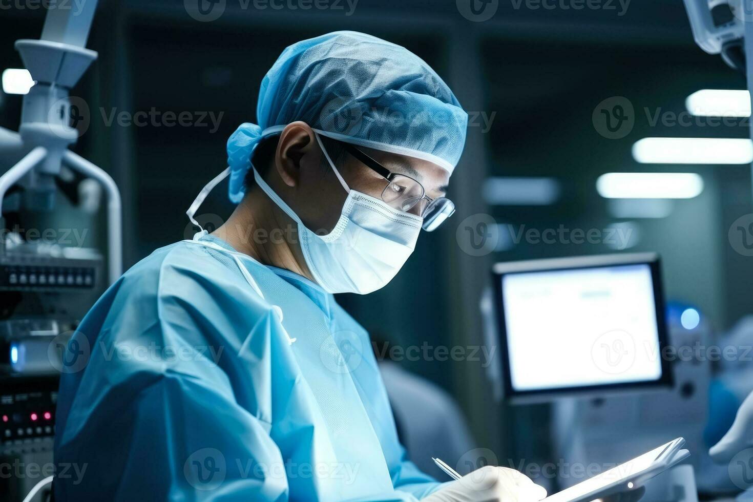 Japanese surgeon performing a robotic surgery  photo with empty space for text