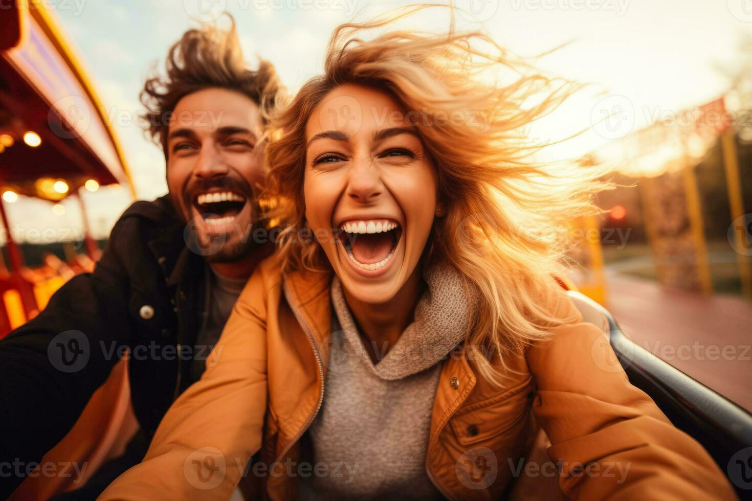 Young couple on a rollercoaster  photo with empty space for text