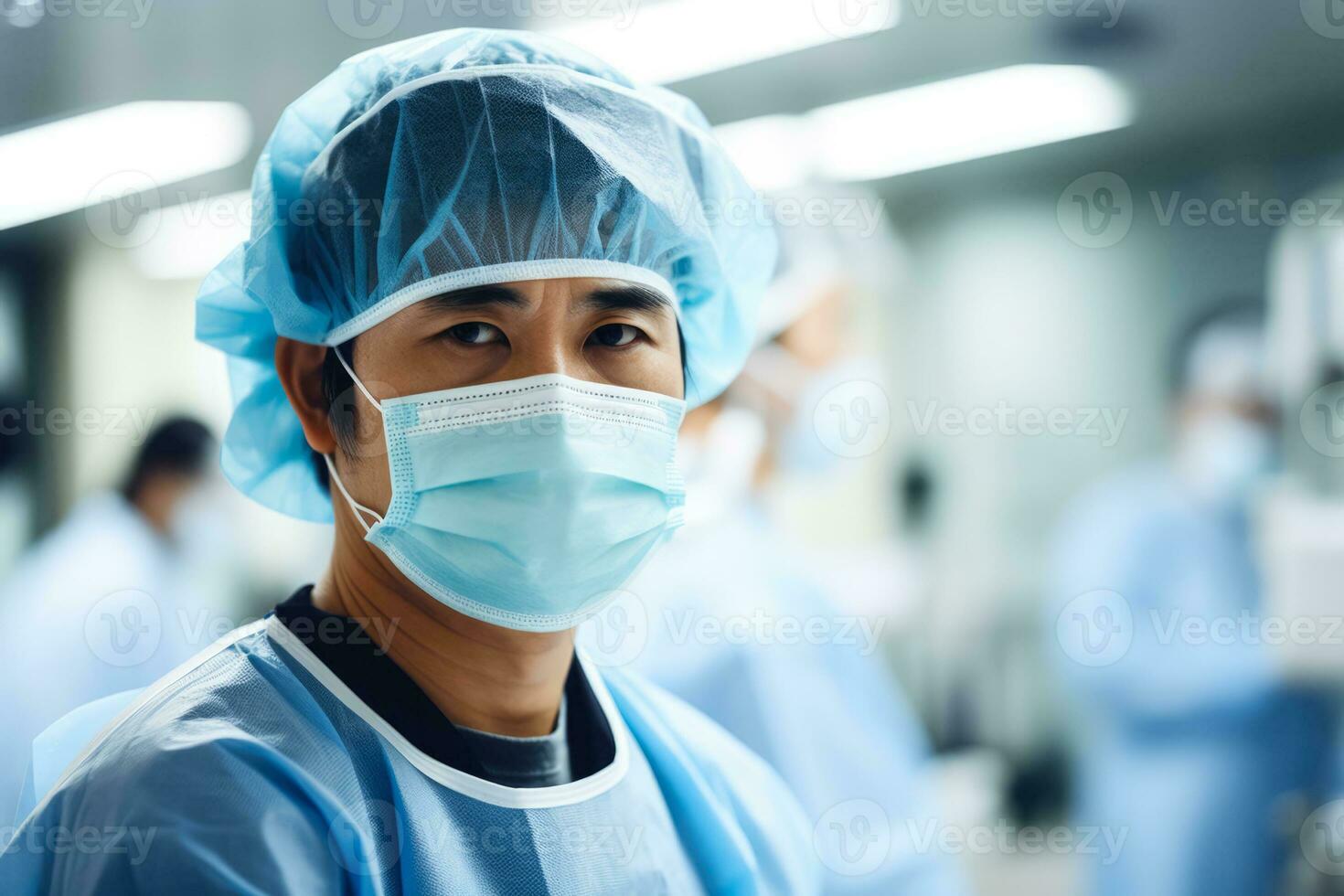 Japanese surgeon performing a robotic surgery  photo with empty space for text