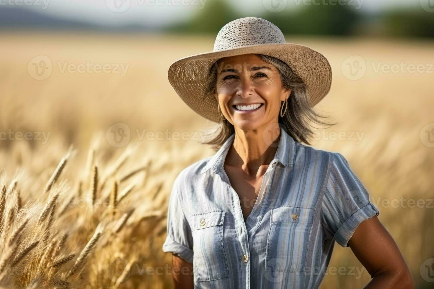 mature woman working on field as farmer  photo with empty space for text