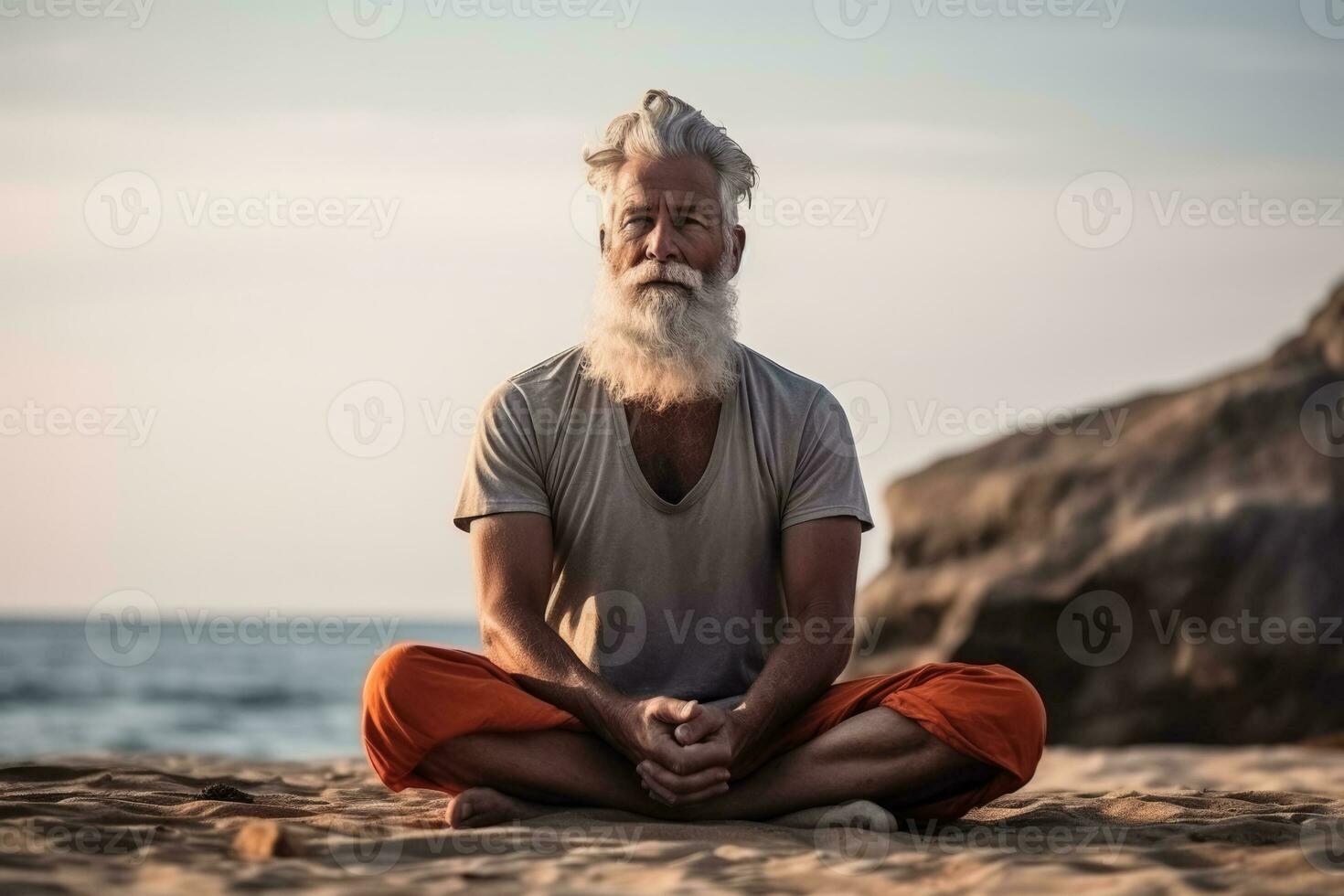 antiguo maduro hombre haciendo yoga en el playa foto con vacío espacio para texto