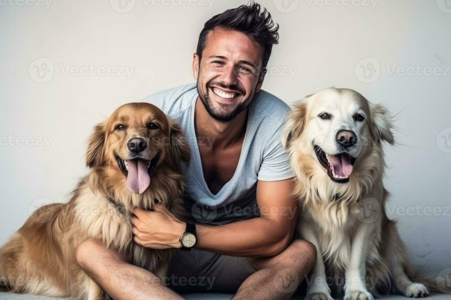 happy male with dogs  photo with empty space for text