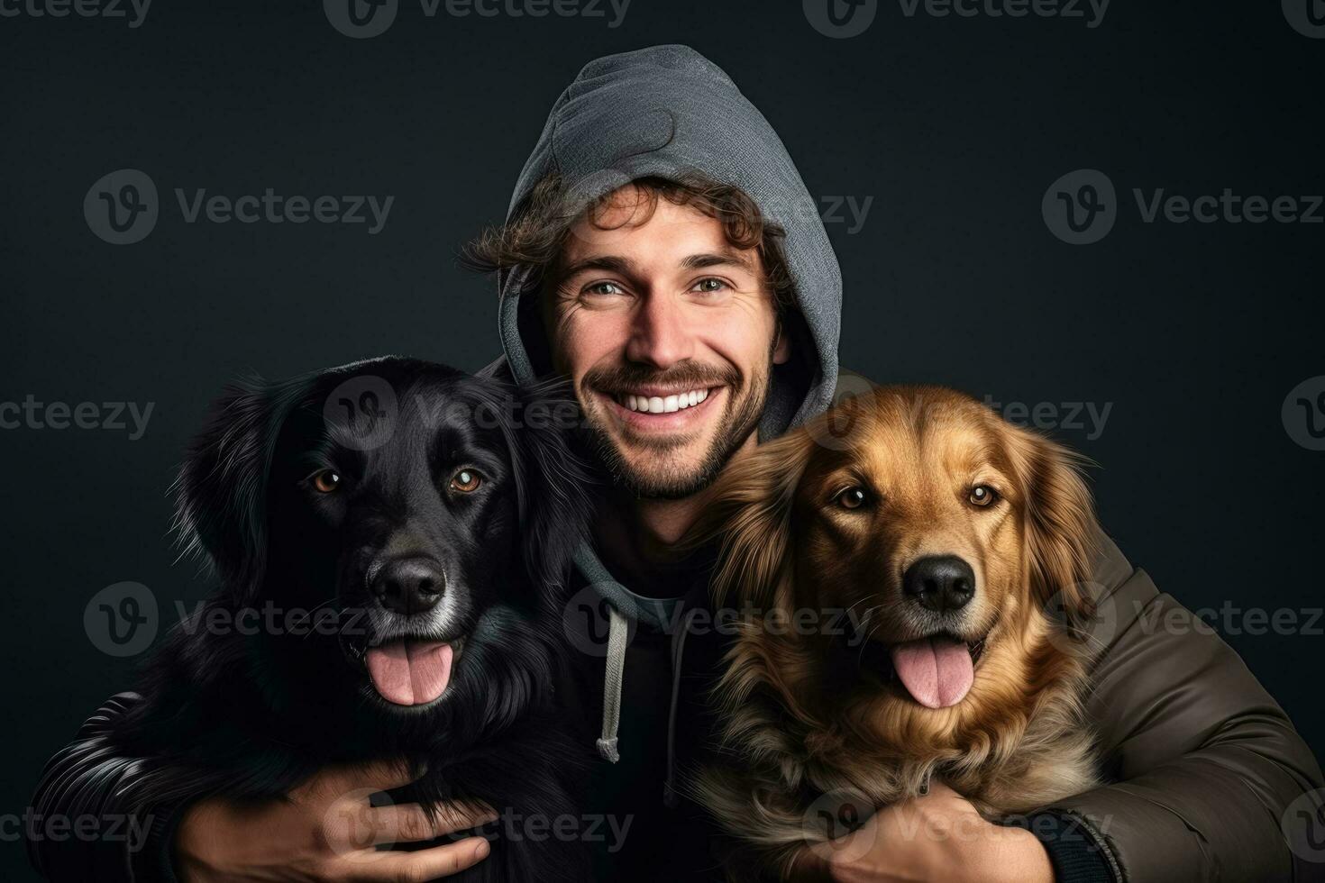 happy male with dogs  photo with empty space for text