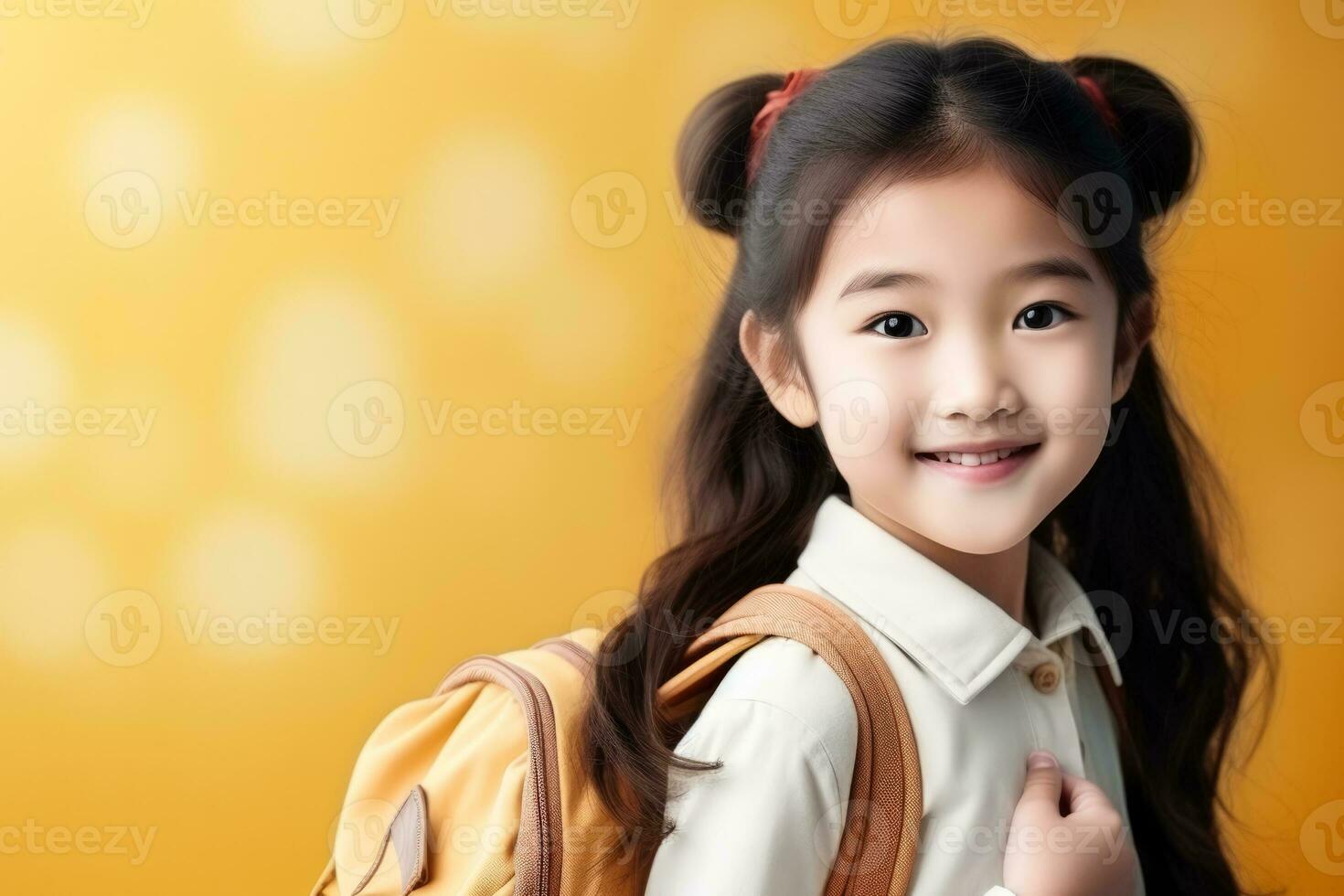 small asian girl with school backpack  photo with empty space for text