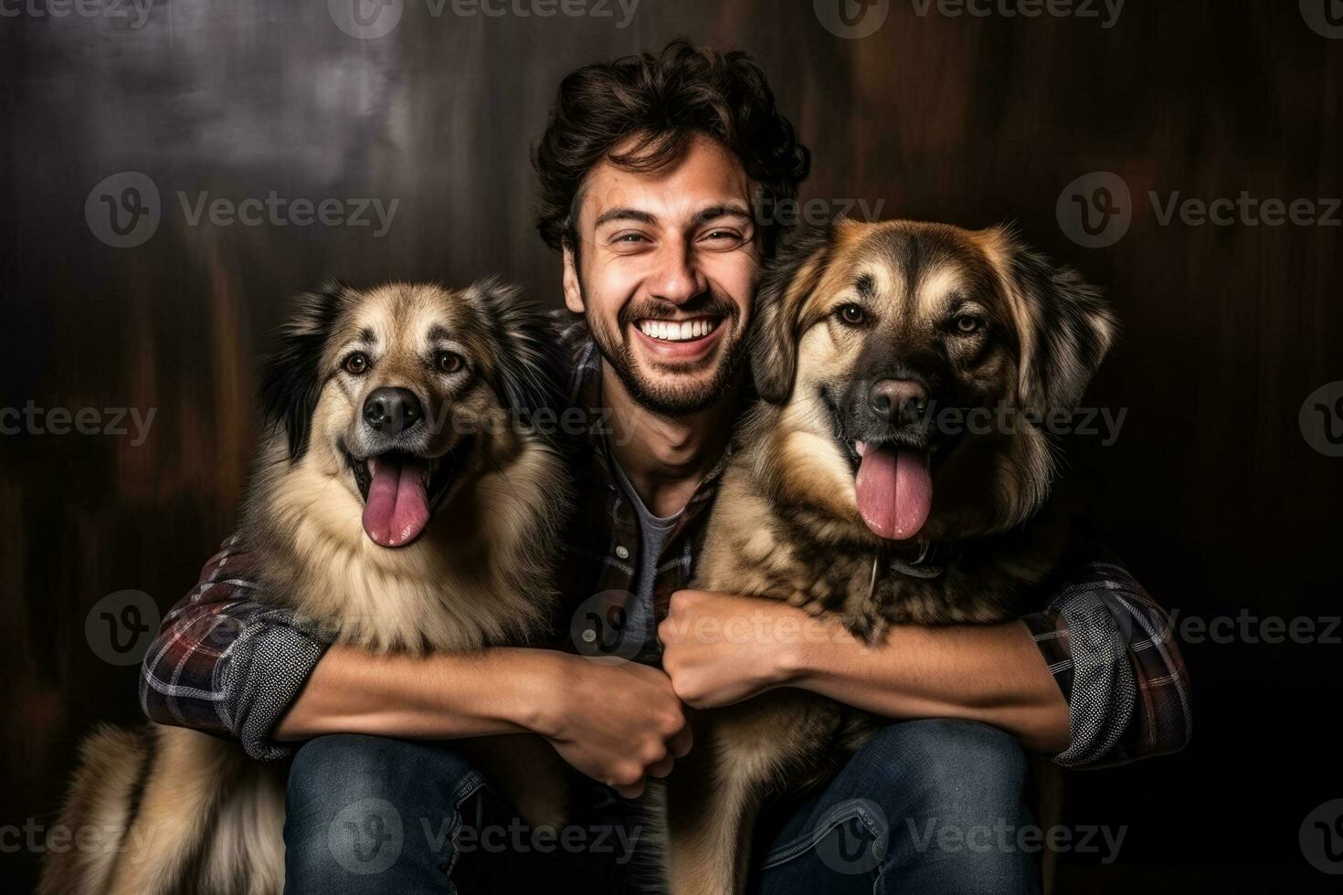 happy male with dogs  photo with empty space for text