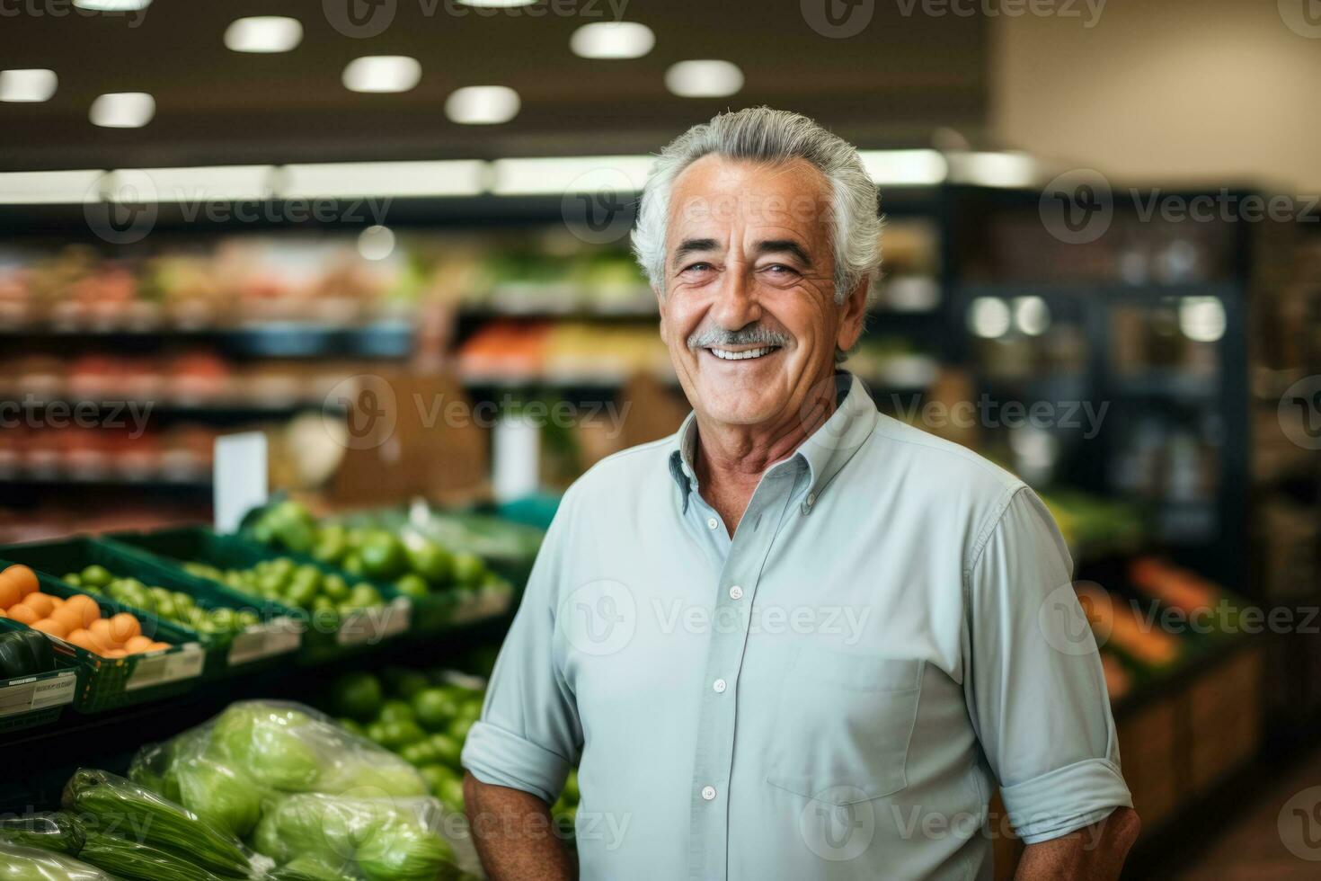 retired senior working in grocery store  photo with empty space for text