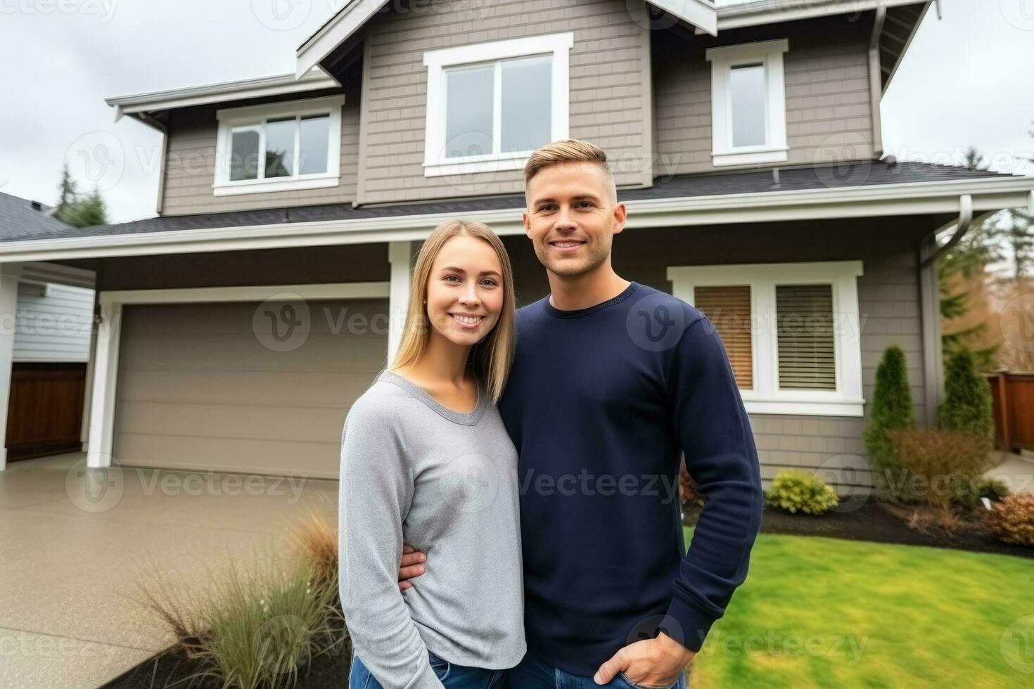 Pareja en pie en frente de nuevo casa foto con vacío espacio para texto