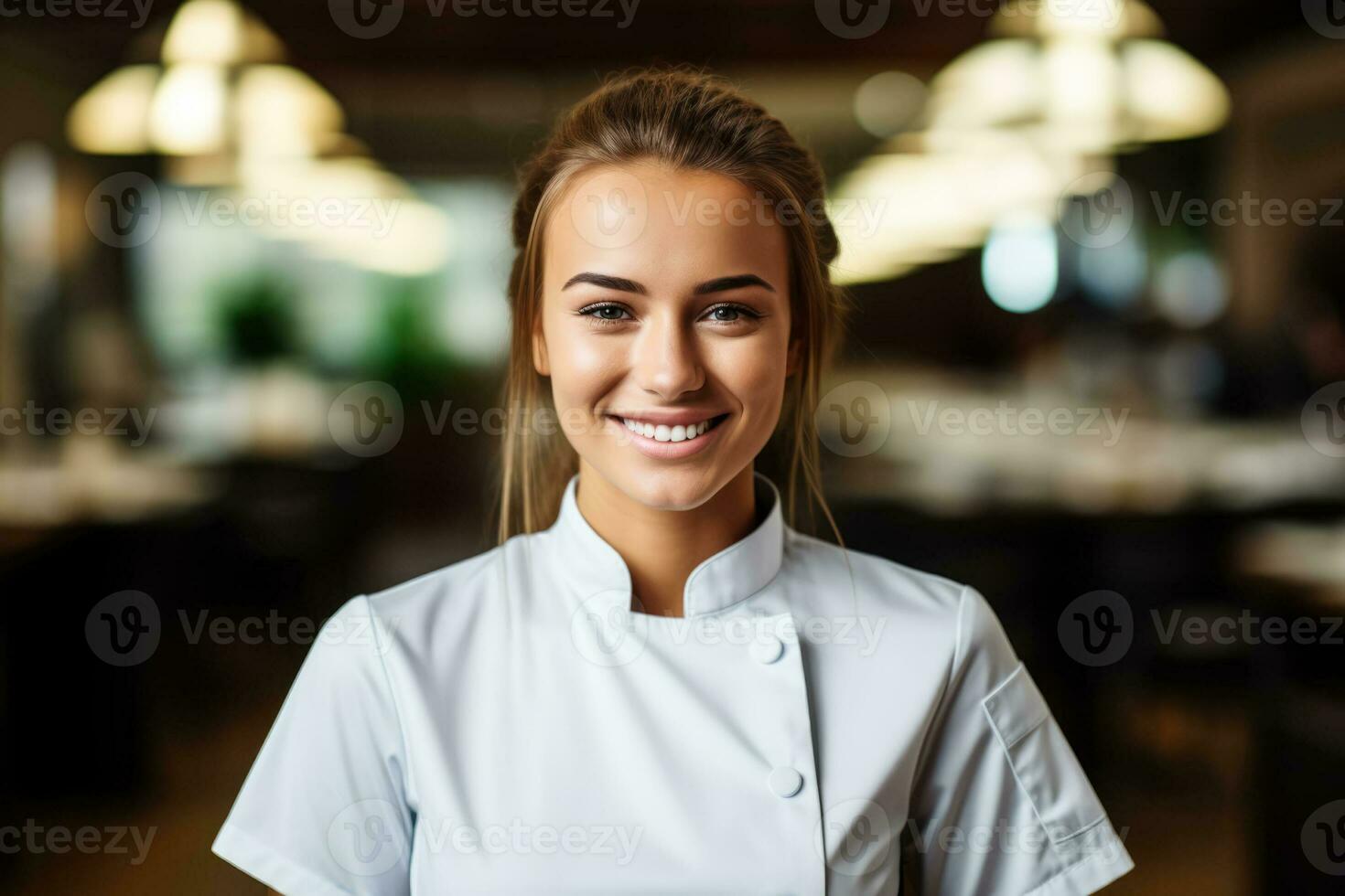 mujer en un del chef uniforme en un profesional cocina foto con vacío espacio para texto