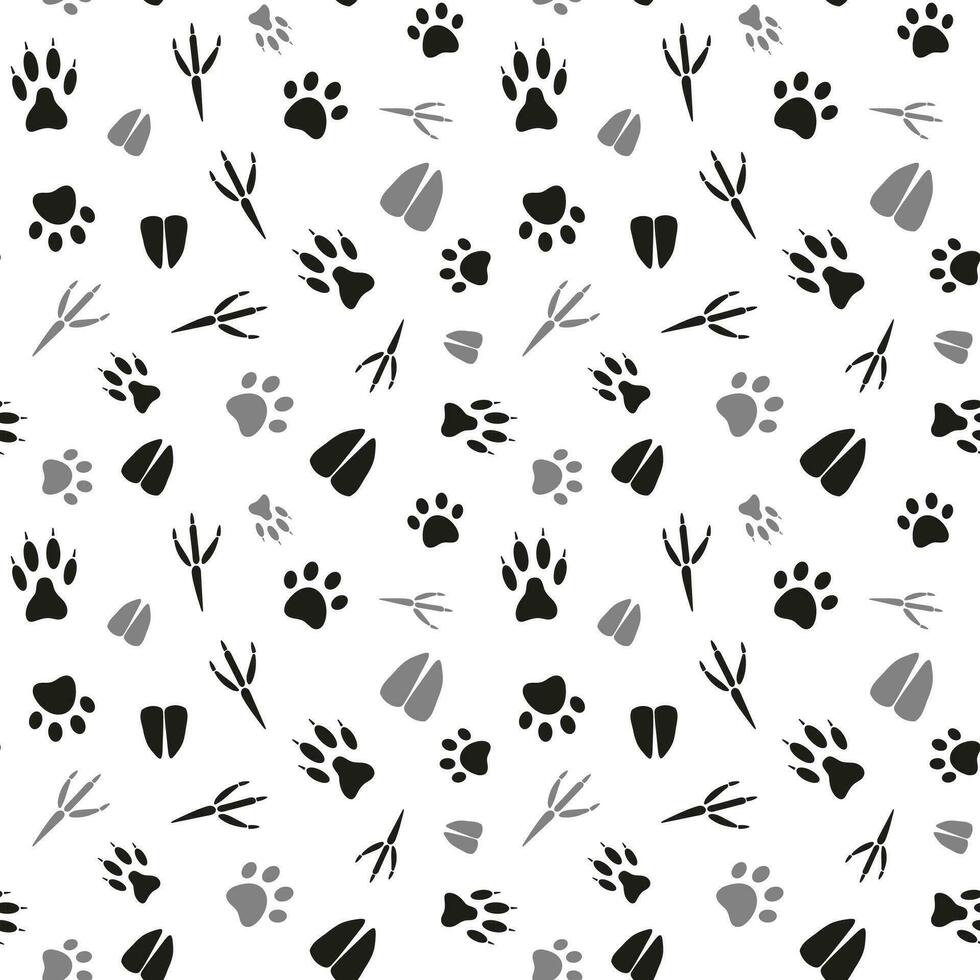 Black and white seamless pattern with footprints of animals and birds. Vector isolated on white for design, print, textile, decoration of a store, stationery, pet store