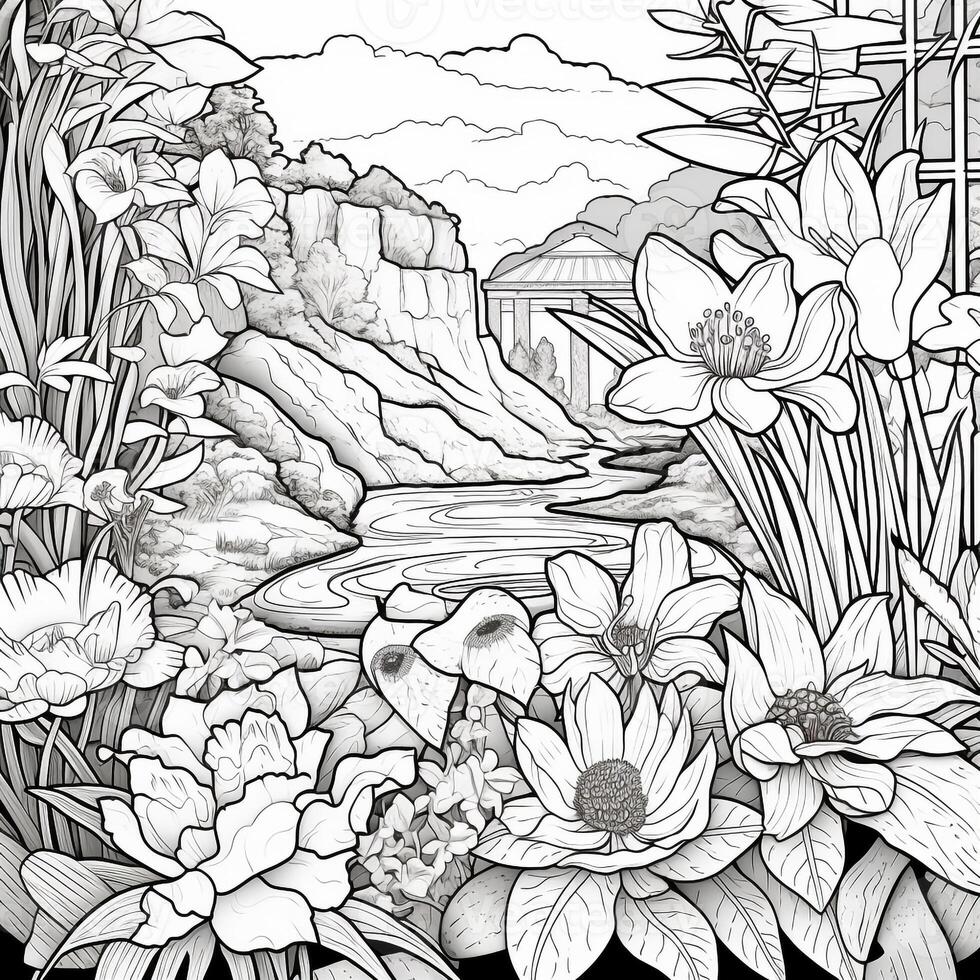 Flower Garden Coloring Pages 26772309 Stock Photo at Vecteezy