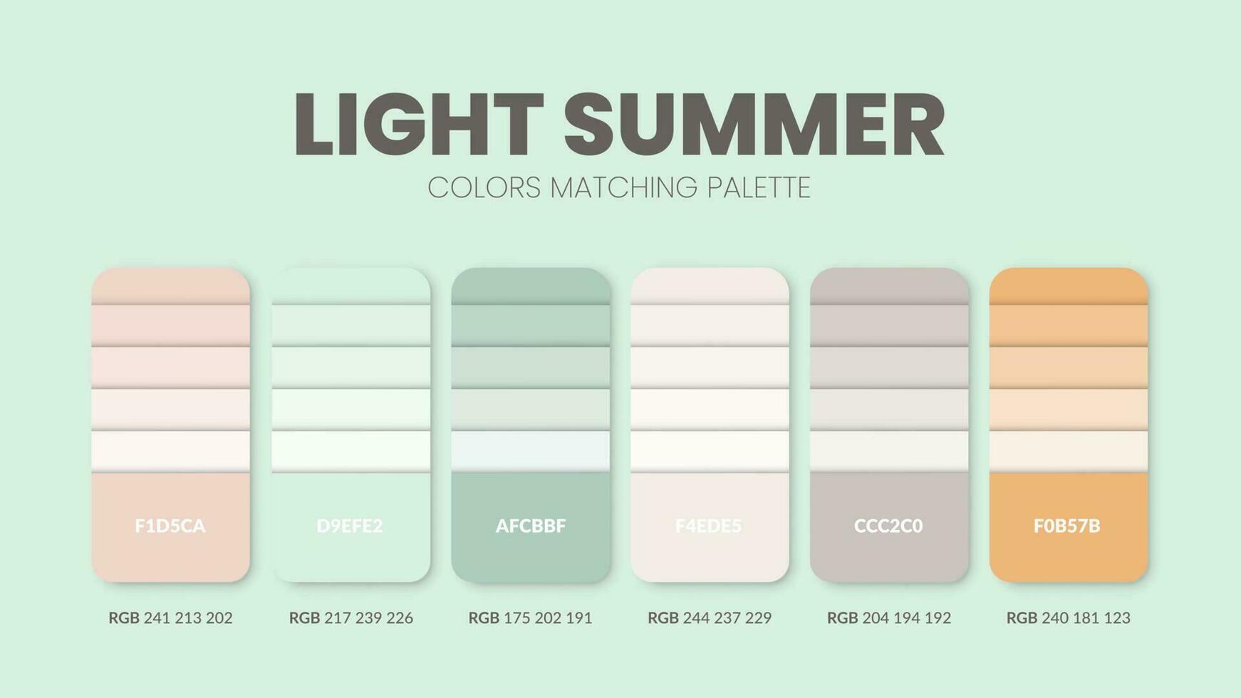 Color palette in a Summer colour theme collections. Color scheme or colors chart template. Color combination set of RGB, HSL and HEX codes. Color swatch for art, fashion, home design, or web design. vector