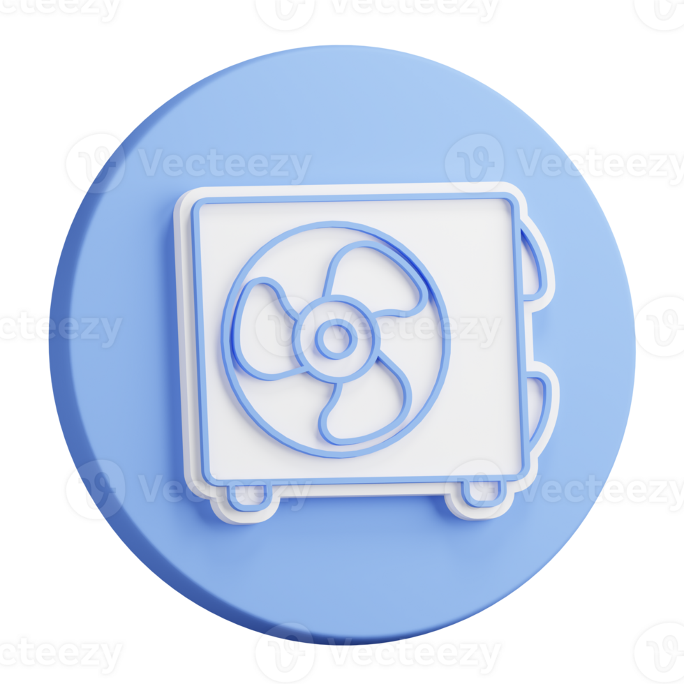 3D button rendering of Air conditioner unit with three bladed fan. Room cooling and heating. Maintaining comfortable temperature. Realistic blue white PNG illustration isolated on transparent back