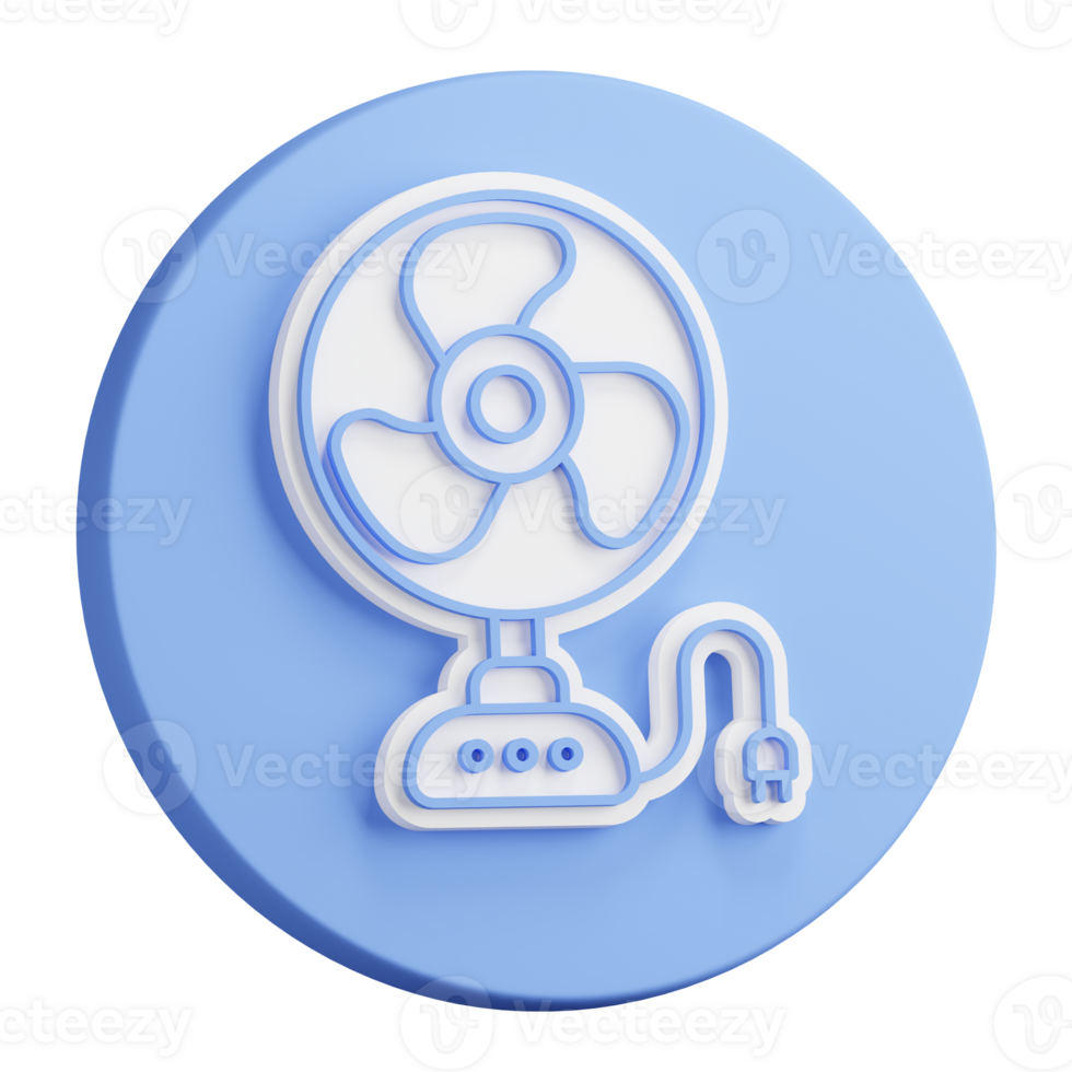 3D button rendering of electric fan for cooling room during hot summer season. Maintaining comfortable temperature in room. Realistic blue white PNG illustration isolated on transparent background