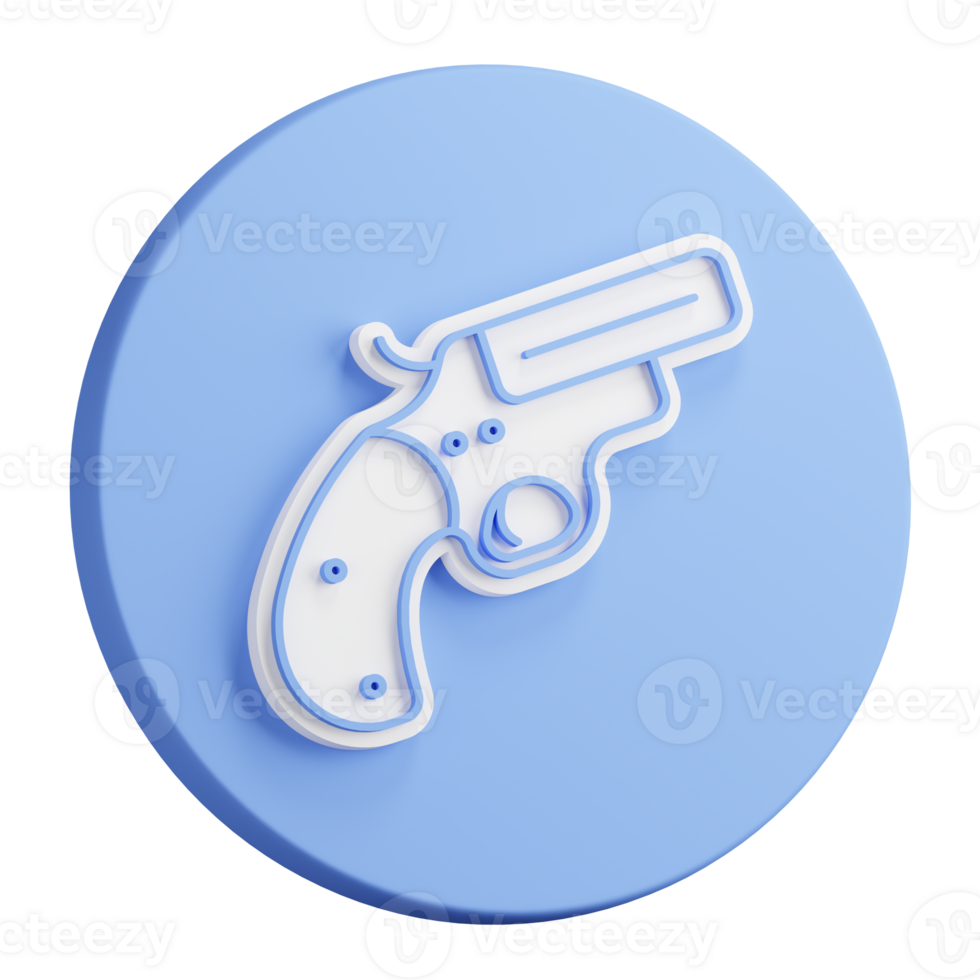 3D button rendering of emergency signal gun. Weapon to launch signal projectiles. Realistic blue white PNG illustration isolated on transparent background