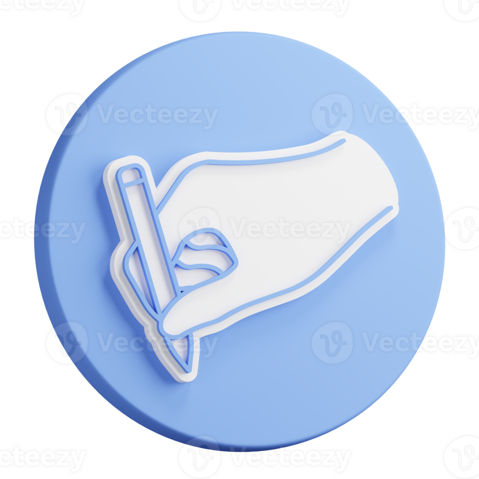 3D button rendering of Ballpoint pen in hand of author. Signature on paper from writer or artist. Realistic blue white PNG illustration isolated on transparent background