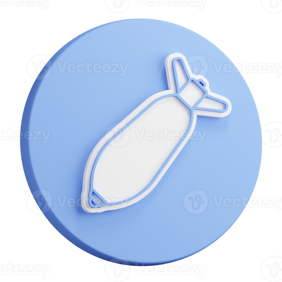 3D button rendering of Bomb, mortar shell, offensive weapon during combat. Realistic blue white PNG illustration isolated on transparent background