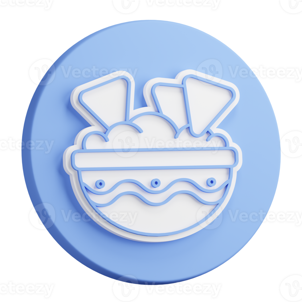 3D button rendering of Bowl of spicy mexican guacamole sauce. Spicy chips, appetizer for main course. Realistic blue white PNG illustration isolated on transparent background
