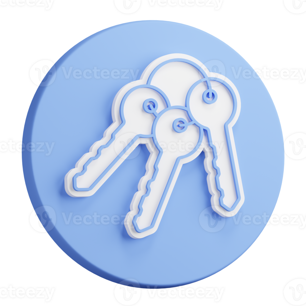 3D button rendering of Bunch of keys on ring from lock of front door of residential building. Round handle key. Realistic blue white PNG illustration isolated on transparent background