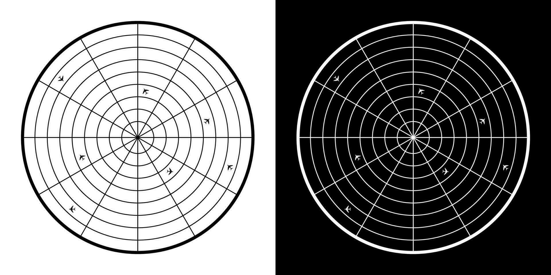 Radar screen icon with small planes. Civil Aviation Safety. Airplane flight route control. Black and white vector