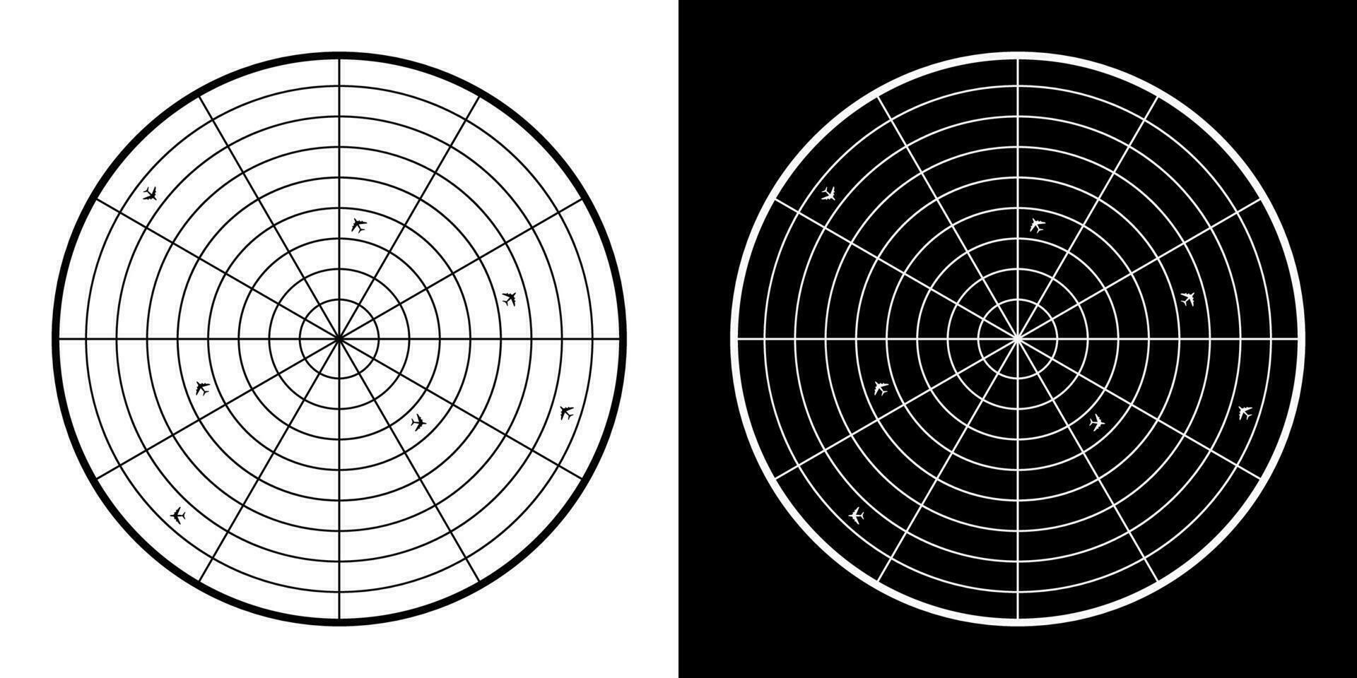 Radar pantalla icono con pequeño aviones civil aviación seguridad. avión vuelo ruta control. negro y blanco vector