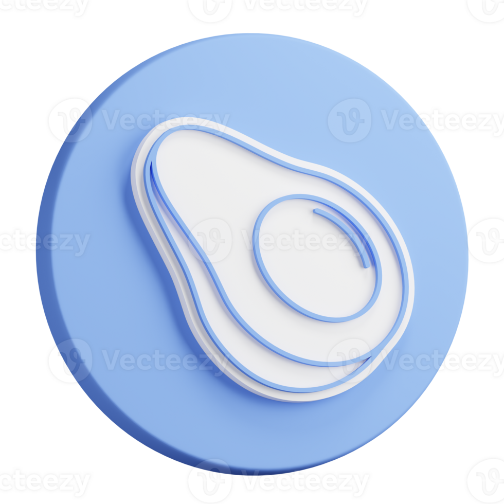 3D button rendering of avocado fruit cut in half with seed in middle. Exotic fruit. Realistic blue white PNG illustration isolated on transparent background