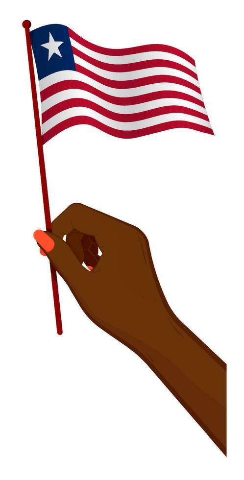 Female hand gently holds small flag of liberia. Holiday design element. Cartoon vector on white background