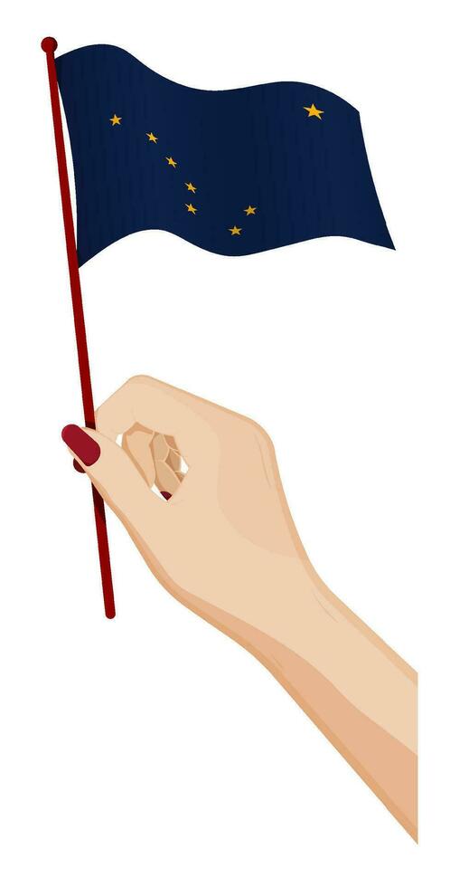 Female hand gently holds small flag of american state of Alaska. Holiday design element. Cartoon vector on white background