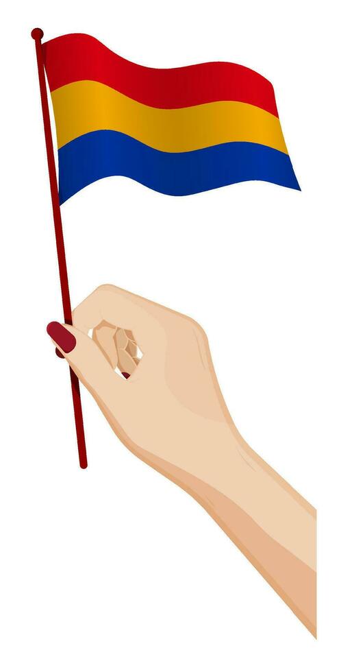 Female hand gently holds small flag of Armenia. Holiday design element. Cartoon vector on white background