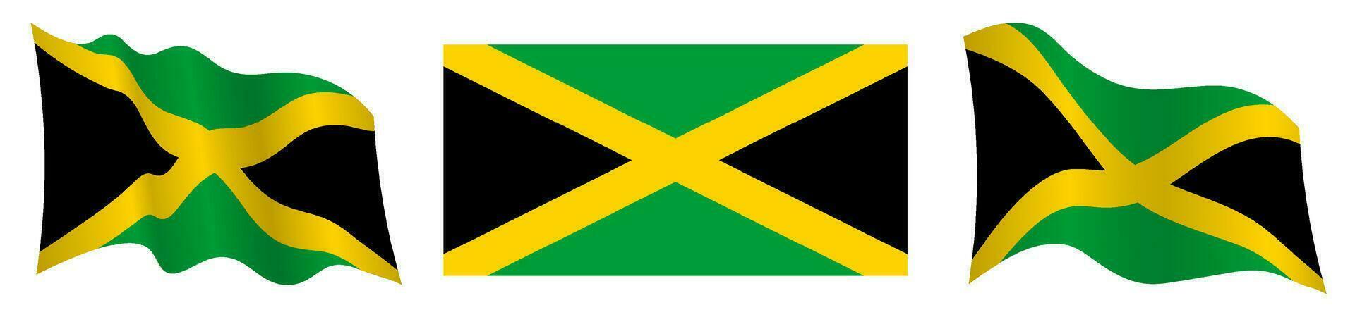 flag of Jamaica in static position and in motion, fluttering in wind in exact colors and sizes, on white background vector