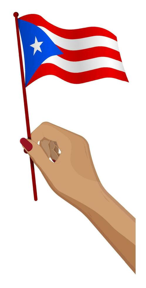 Female hand gently holds small flag of Puerto Rico. Holiday design element. Cartoon vector on white background