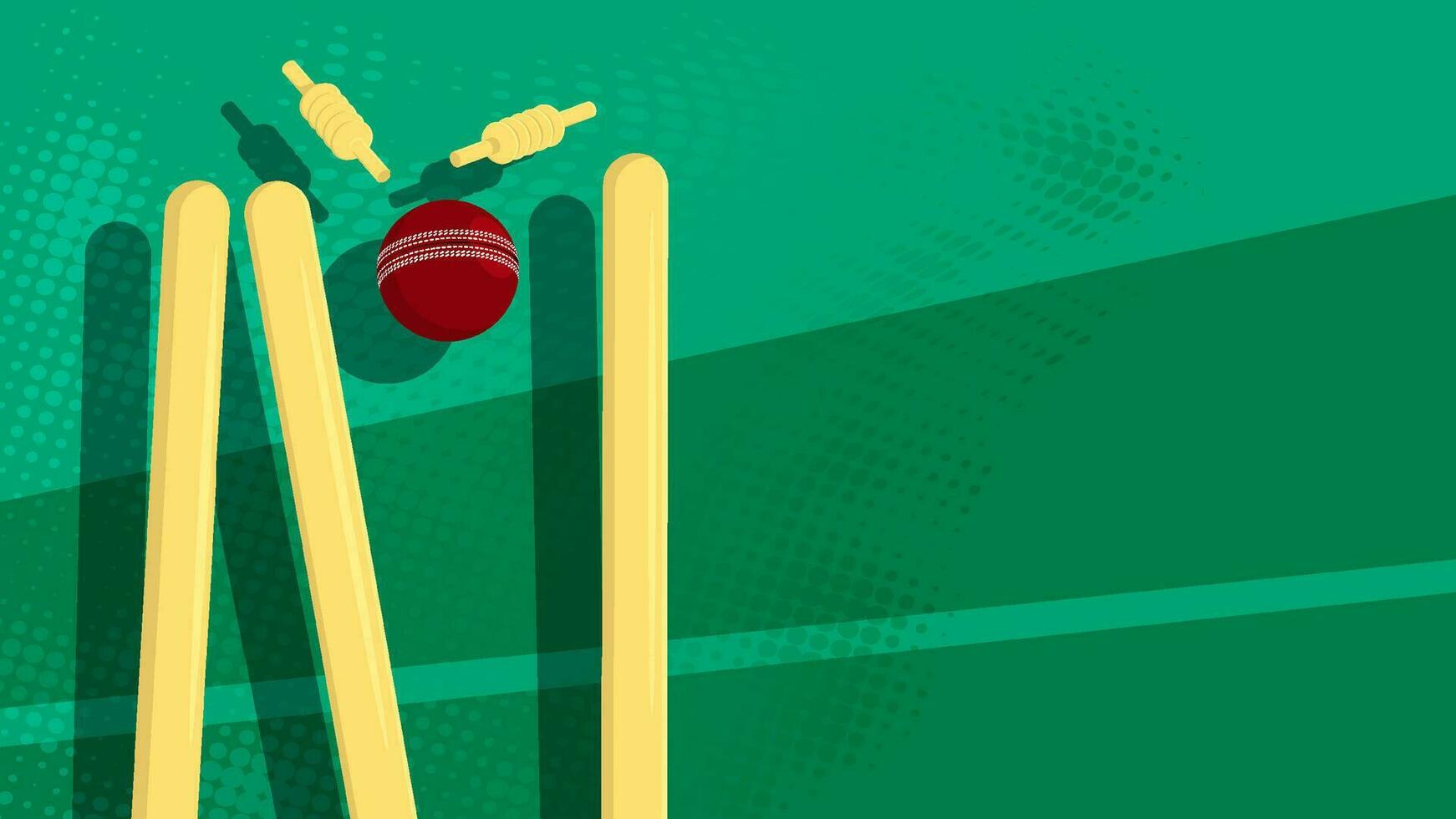 wooden cricket goal breaks red ball. Wicket with upper crossbars scatters to sides from athlete precise throw. Background sports competitions in cricket. Vector