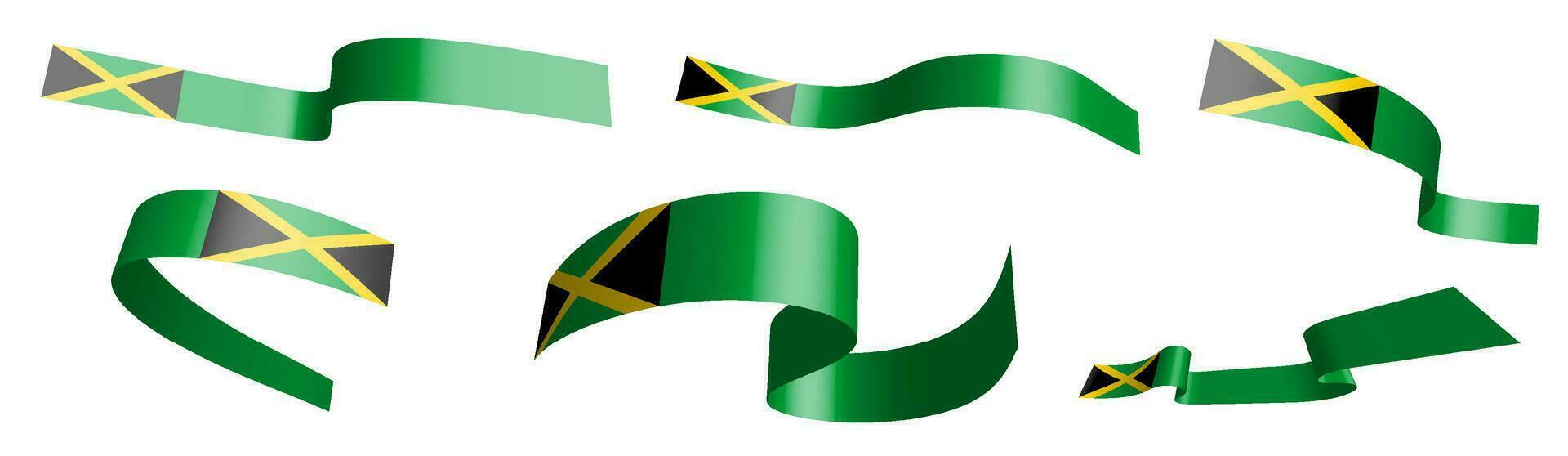 Set of holiday ribbons. Flag of Jamaica waving in wind. Separation into lower and upper layers. Design element. Vector on white background