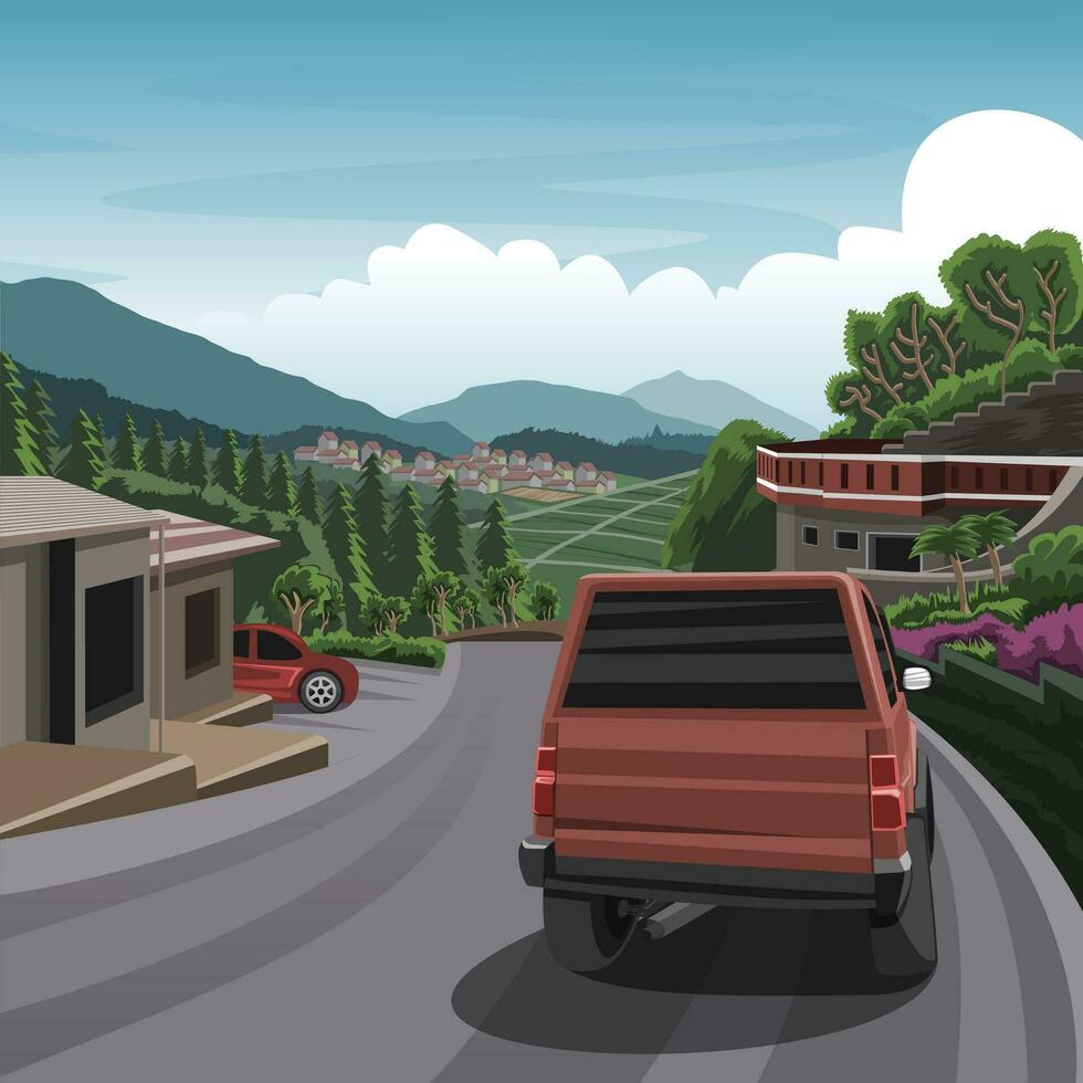 Natural landscape scenery highway, forests, mountain, car and rice field in village vector