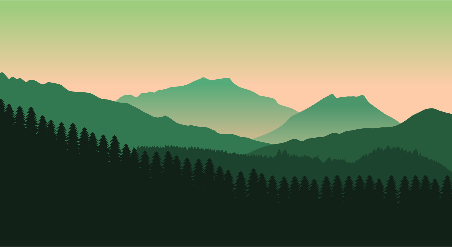 Green background silhouette forest landscape, hills and mountains