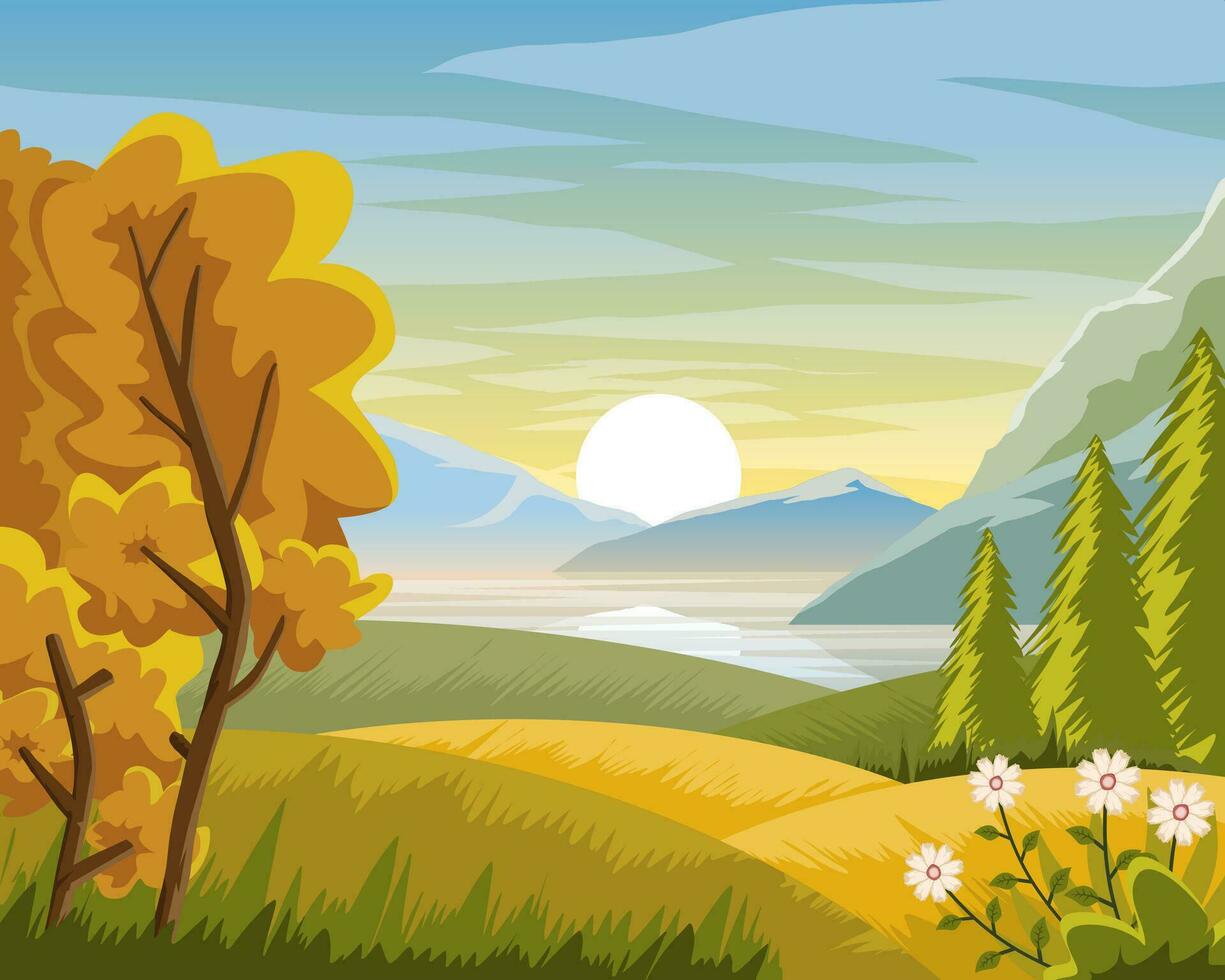 ilustración paisaje amanecer detrás el colinas y hermosa naturaleza vector