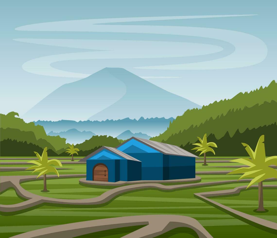 Natural landscape scenery of rice fields, mountains, forests and huts in the middle vector