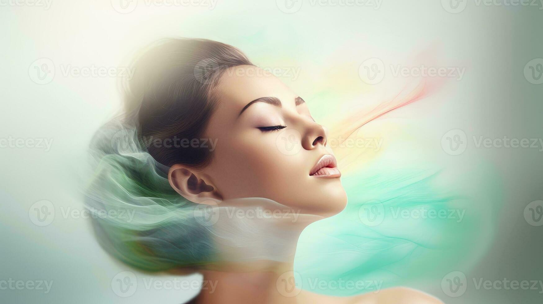 Woman sleeping and dreaming. Psychic girl considers mind and heart, spirituality, esotericism. Psychic waves concept, Generative AI illustration photo