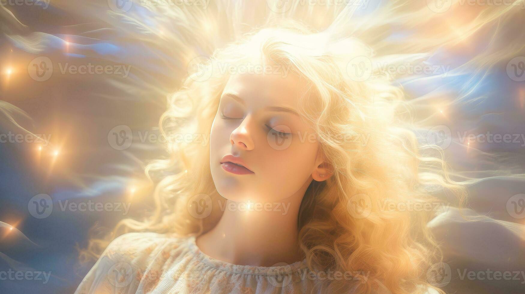 mujer dormido y soñando psíquico niña considera mente y corazón, espiritualidad, esoterismo psíquico olas concepto, generativo ai ilustración foto