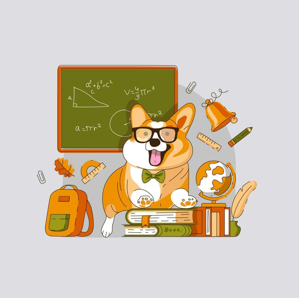 galés corgi perro estudiante con lentes en el antecedentes de un pizarra con libros en escuela. septiembre 1er. vector ilustración