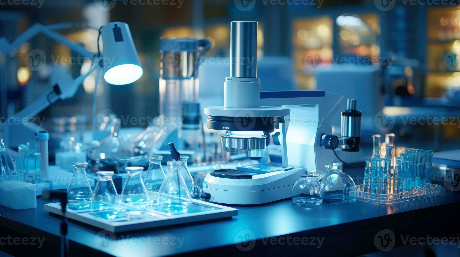 Close-up shot of microscope with metal lens at laboratory. Microscope on the table with chemical tube and glassware in laboratory, Science research technology, Generative AI illustration photo