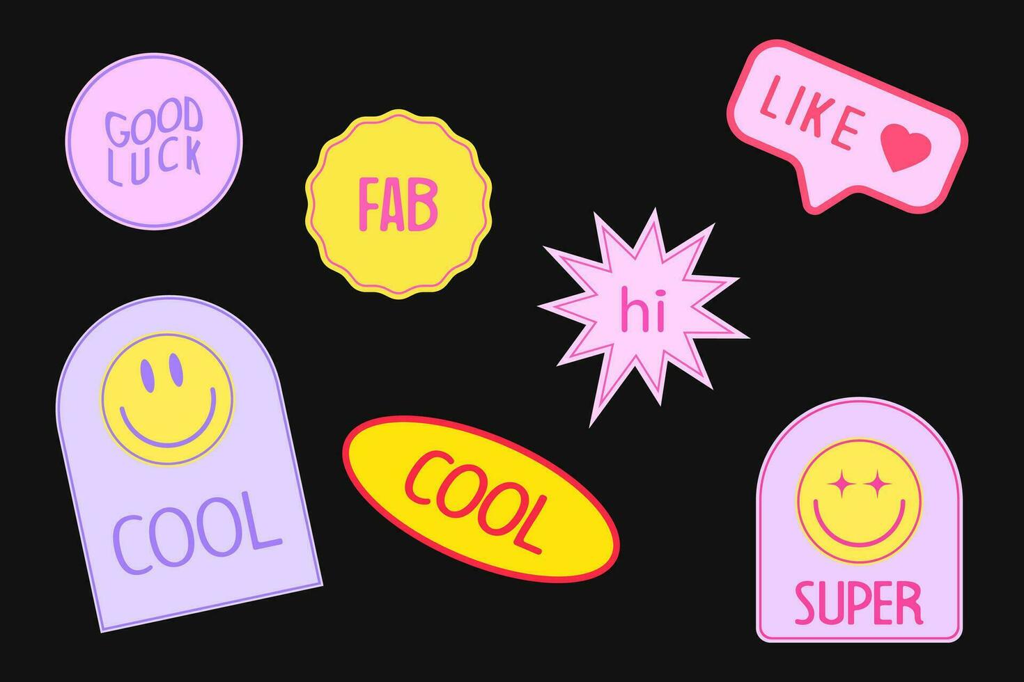 Set of Cool Smile Stickers Design. Trendy Cute Girly Patches Collection. vector