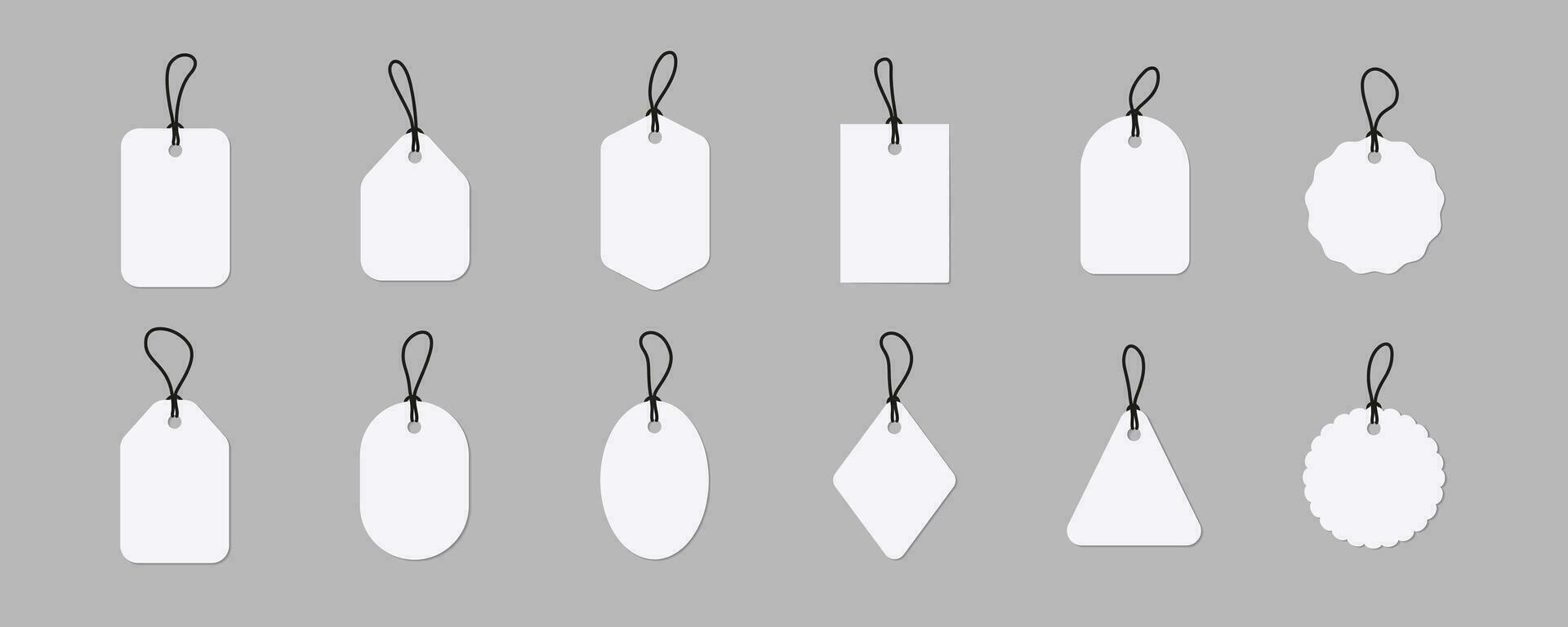 Set of blank icon mockups. Plain empty tag hanging on a rope. Vector illustration