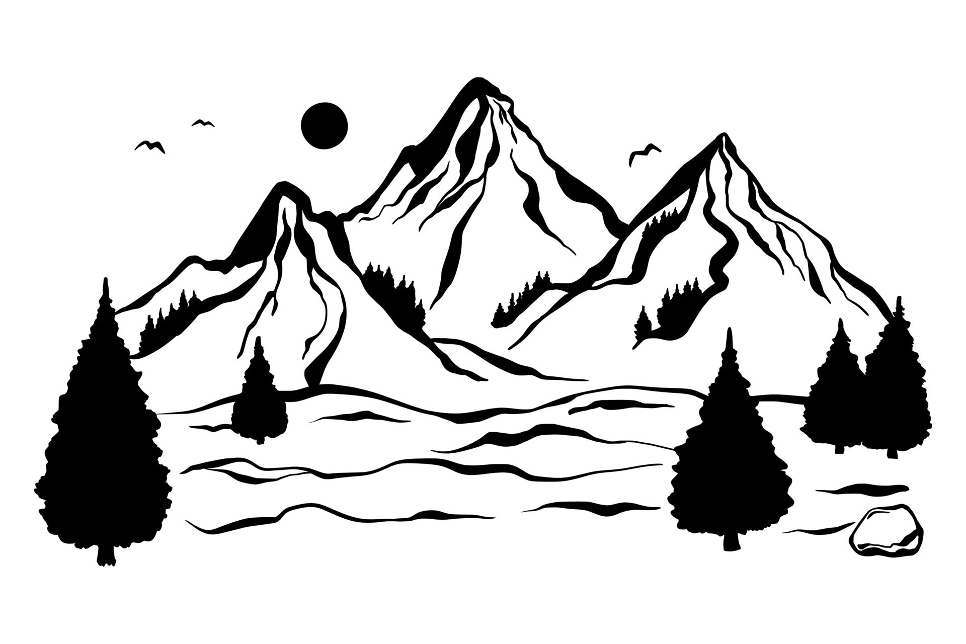 Mountain landscape with coniferous trees. Horizontal mountains