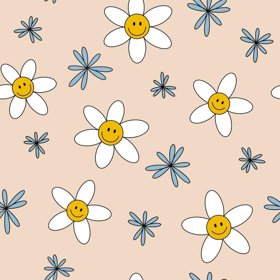 Seamless Y2k pattern with daisies and a smile on a beige background. Fashionable retro trippy style of the 2000s. Funny cute texture for surface decoration. Vector. vector